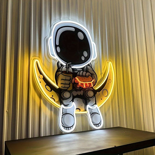 1pc Neon Sign Astronaut Custom Neon Sign Artwork Handmade Moon Led Light, Astronaut Sign Home Bedroom Wall Decor Party Bar, UV Print Neon Sign Art, Powered By USB, Dimmable Switch, Wall Decor, Store, Club Garage Bedroom, Home Art