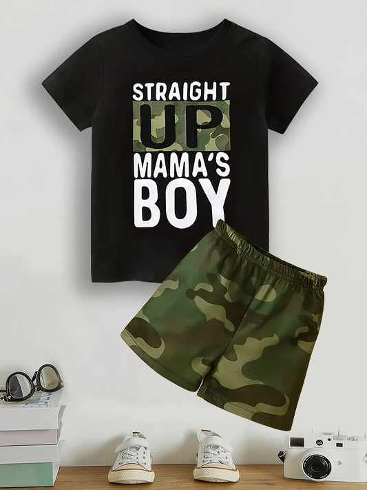 2pcs Boy's Mama's Boy Print Short Sleeve Casual T-Shirts & Shorts Set, Comfy Soft Stretchable Outfits, Children's Clothings