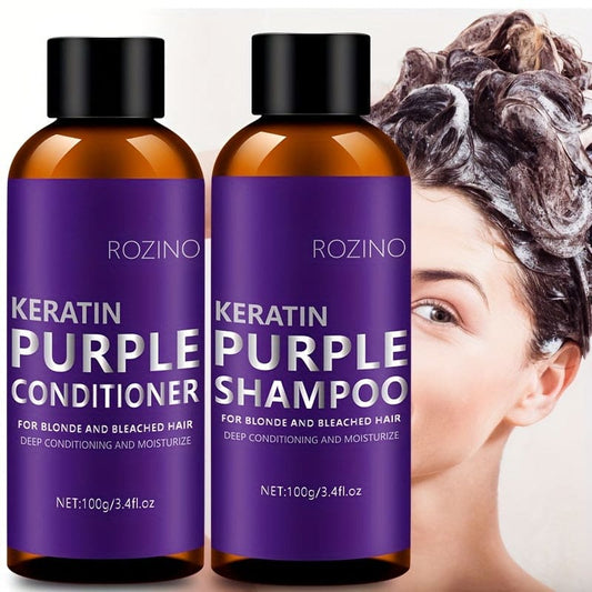 2pcs/Set Purple Keratin Shampoo Conditioner Set, Deep Cleansing Shampoo And Moisturizing Hair Conditioner, Suitable For Blonde And Bleached Hair, Deeply Conditioning And Removing Brass And Yellow Tones, Make Hair Healthy And Energetic, travel set