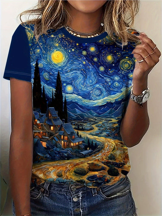 Starry Sky Print Crew Neck T-Shirt, Casual Short Sleeve T-Shirt For Spring & Summer, Women's Clothing