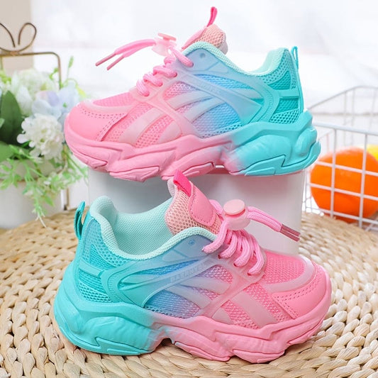 Girls Cute Gradient Mesh Sneakers - Low Top Breathable Platform Sports Shoes for Comfort and Style