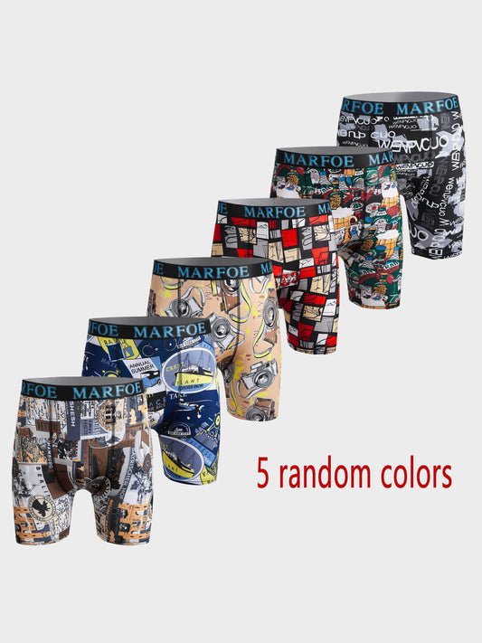 5pcs Random Colors Men's Graphic Long Boxer Briefs Shorts, Breathable Comfy Quick Drying Slightly Stretch Boxer Trunks, Sports Trunks, Swim Trunks For Beach Pool, Men's Novelty Underwear