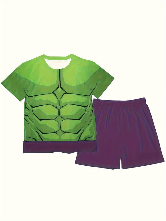 2pcs Boys Casual Cartoon Muscle 3D Graphic Print Short Sleeve T-shirt & Shorts Set, Comfy Summer Boys Clothes
