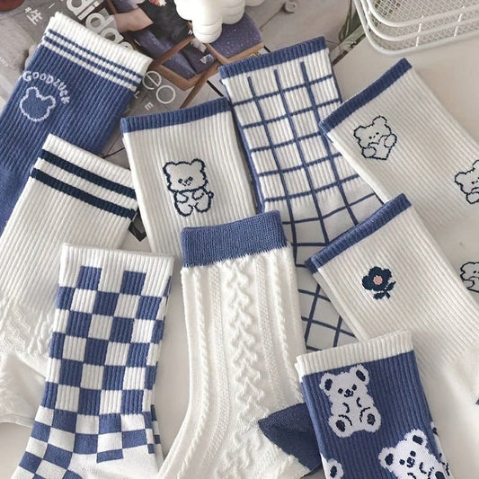 10 Pairs Blue & White Socks, Cute Bear Print Mid Tube Socks, Women's Stockings & Hosiery - AIBUYDESIGN
