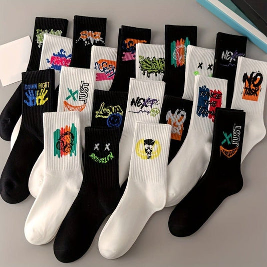 10 Pairs Of Men's Trendy Graffiti Pattern Crew Socks, Cotton Blend Breathable Comfy Casual Unisex Socks For Men's Outdoor Wearing All Seasons Wearing - AIBUYDESIGN