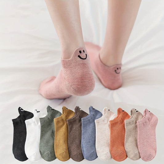 10 Pairs Smiling Embroidery Socks, Comfy & Cute Low Cut Socks, Women's Stockings & Hosiery - AIBUYDESIGN