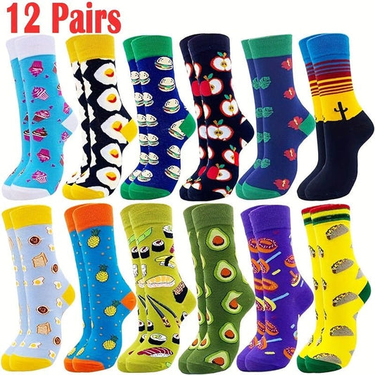 12 Pairs Women's Funny Cute Novelty Fruits Pattern Medium Tube Socks, Creative Soft Comfortable Outdoor Socks Gifts - AIBUYDESIGN