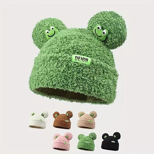 Cute & Cozy Elastic Frog Beanie: Winter-Ready with Ear Warmers, Durable Knit Design