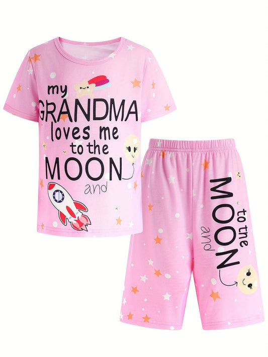 Girls 2-piece Pajama Set Cartoon Letter Print Crew Neck Short Sleeve T-shirt + Matching Shorts Comfy Loungewear