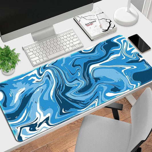 Large Topographic Abstract Waves Gaming Mouse Pad - Blue Desk Mat with Non-Slip Base and Stitched Edge - for Work, Game, Office, Home - Christmas Halloween Thanksgiving Gift