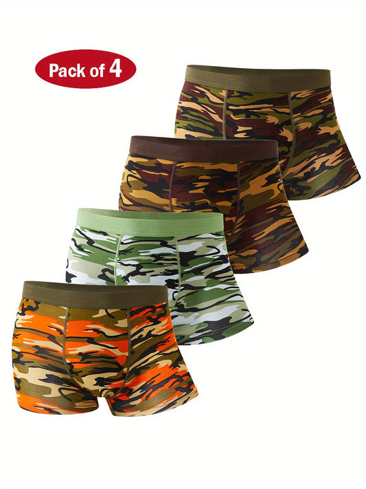 4pcs Men's Underwear, Camouflage Print Fashion U-Convex Pouch Bamboo Fiber Breathable Comfy Boxer Briefs Shorts