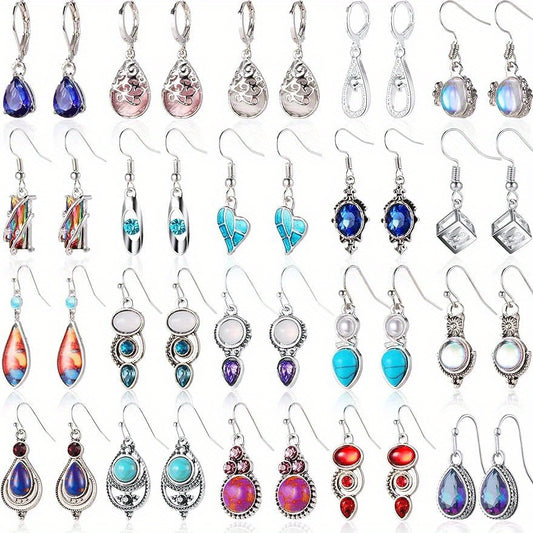 20 Pairs/ Set Colorful Natural Crystal Inlaid Dangle Earrings Bohemian Elegant Style Delicate Holiday Ear Ornaments