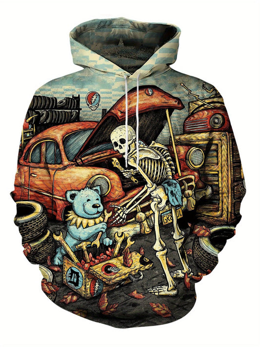 Retro Cartoon Skeleton Print Hoodie, Cool Hoodies For Men, Men's Casual Graphic Design Hooded Sweatshirt Streetwear For Winter Fall, As Gifts