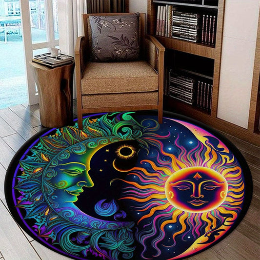 1pc Vintage Style Round Rug Area Rug, 0.47inch Thick Sponge Rug, Sun Moon Printed Round Rug Living Room Bedroom Chair Rug Home Decor Gift, Home Hotel Floor Decor Round Rug Sofa Coffee Table Rug Home Soft Area Round Rug, Study Bedroom Decor