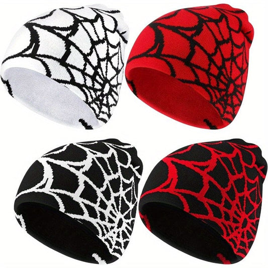 4pcs Y2K Beanies With Spider Web Pattern - Gothic Acrylic Knitted Hats For Casual Streetwear And Outdoor Activities For Men