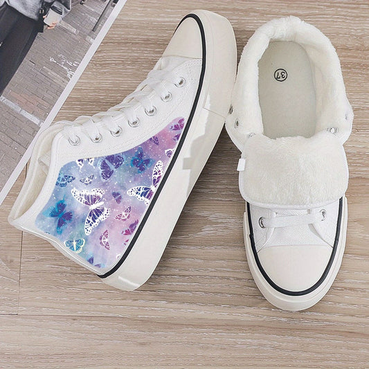 Butterfly Print High Top Fleece Canvas Shoes for Girls - Lightweight Non-Slip Sneakers for Autumn/Winter