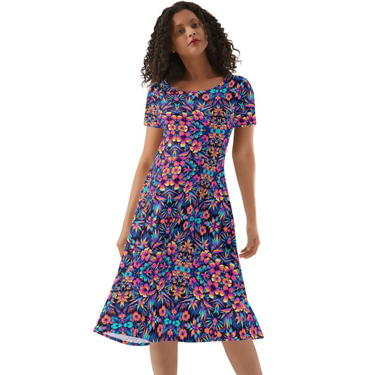 Womens Artsy Colorful Boho Floral Print Short Sleeve Ruffle Dress