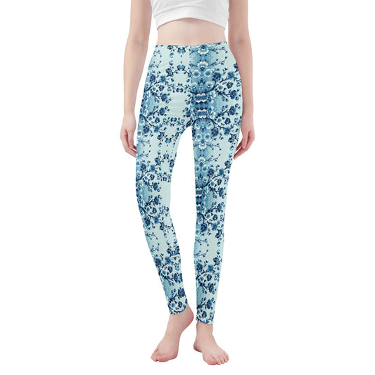 Womens Light Blue Flowery Soft Legging Yoga Pants