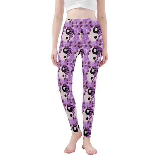 Womens Purple Flowery Yin & Yang Soft Legging Yoga Pants