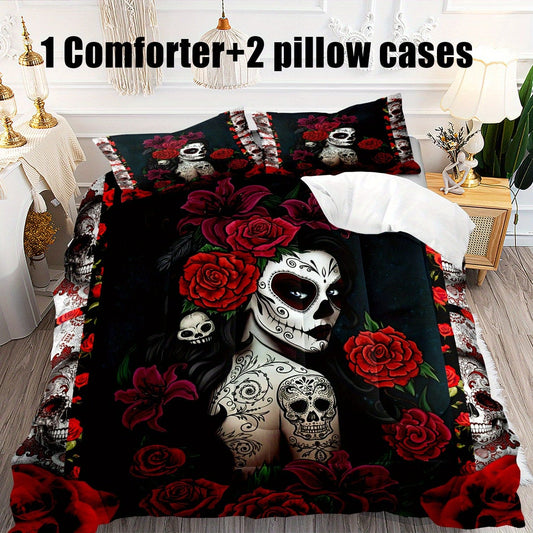 3pcs Goth Skull Beauty Rose Comforter Set (1 Comforter + 2 Pillowcases, Pillows Not Included), Four Seasons Quilted Soft Comfortable Breathable Printed Bedding For Home Dorm Decor