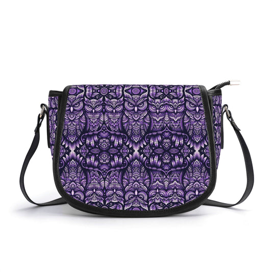 Chic Purple Trippy Owl Print Leather Saddle Bag