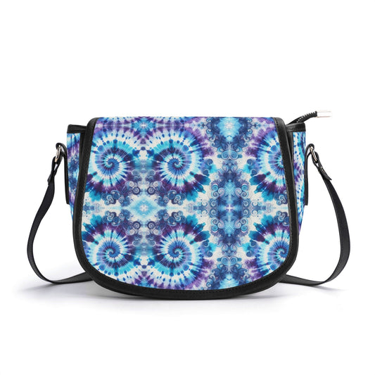 Blue Artsy Tie-Dye Swirl Print Leather Saddle Bag