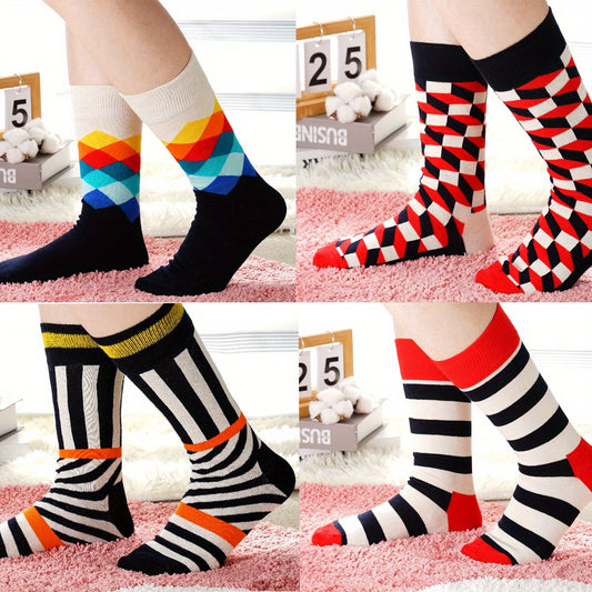 4 Or 8 Pairs Of Men's Cotton Cartoon Pattern Crew Socks, Comfy & Breathable, Elastic Socks For Gifts, Parties And Daily Wearing