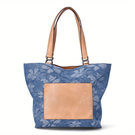 Women's Floral Denim Tote Bag, Canvas, Chic Shoulder Handbag With Vegan Leather Straps, Casual Daily Carryall