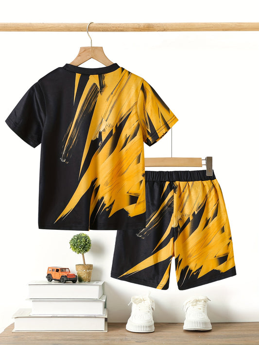 2pcs Boys Summer Color Block 3D Graphic Print Short Sleeve T-shirt & Shorts Set, Comfy Summer Kids Clothes