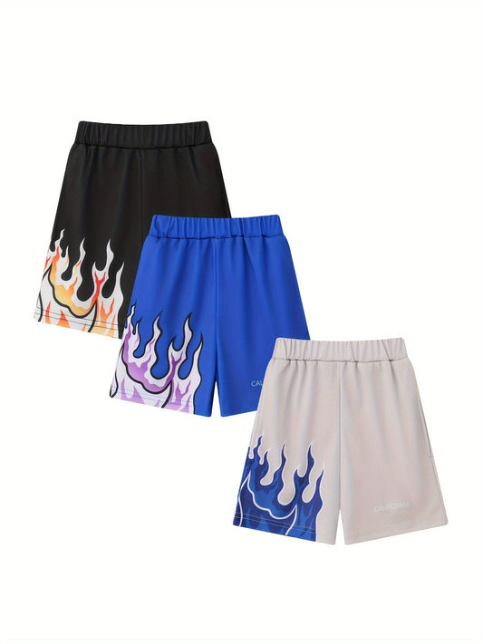 3pcs Flame Print Boys Comfortable Creative Shorts, Casual Shorts For Summer Outdoor