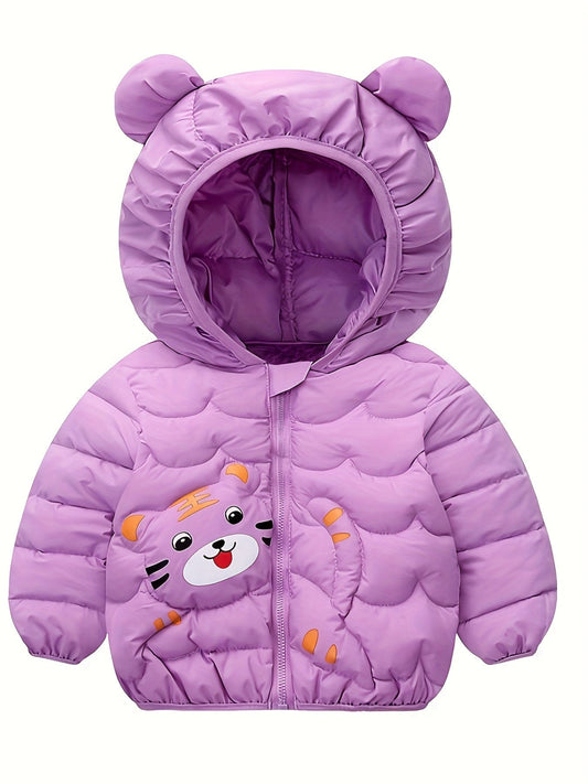 Little Girl's Cute Tiger Ears Hooded Warm Padded Coat, Lightweight Winter Coats For Little Girls