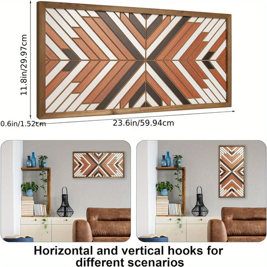 1pc 23.6 Inchs Aztec Wall Decor Wooden Western Art Wood Framed Southwest Boho Geometric Rectangle Native American Navajo Tribal Farmhouse Home Living Room Bedroom Decorations - AIBUYDESIGN