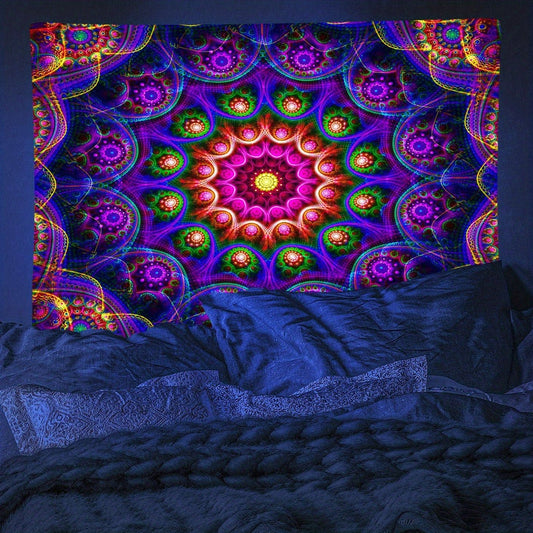 1pc Bohemian Mandala Fluorescent Tapestry, Hippy Colorful Aesthetic Polyster UV Blacklight Tapestry, Wall Hanging For Living Room Bedroom Office Home Decor/Room Decor/Party Decor, With Free Installation Package - AIBUYDESIGN