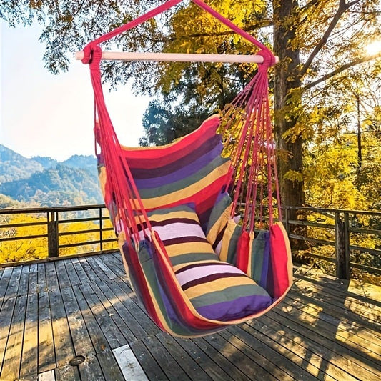 1pc Canvas Hammock Chair Set With 2 Pillows, 32in Durable Outdoor Hanging Swing Seat, Indoor/Outdoor Garden Relaxation Furniture, Colorful Stripe Design - AIBUYDESIGN