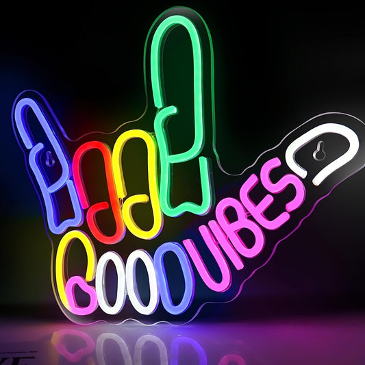 1pc Good Vibes Neon Sign Light, For Wall Decor Good Vibes Only Hand Neon Signs, Bedroom Game Room Light Up LED Wall Sign, Cool Things For Teen Room Sign Gamer Gift Party - AIBUYDESIGN