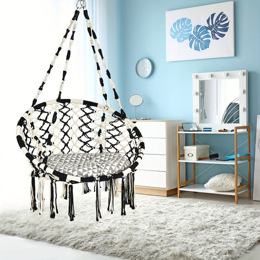 1pc Hanging Hammock Chair With Cushion Macrame Swing Cotton Rope Indoor Outdoor Bohemian Hanging Chair For Bedroom - AIBUYDESIGN