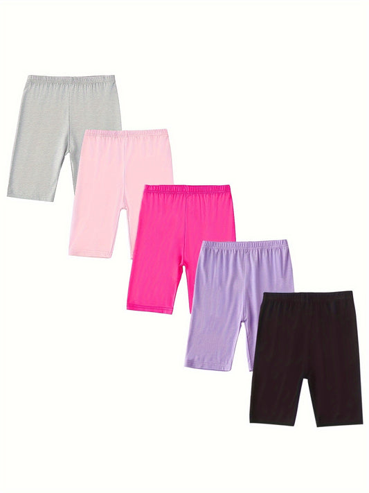 5pcs Girls' Modal Basic Bike Shorts Dance Shorts Sports Shorts Bottoming Shorts For Kids, Stretch Slim Fit