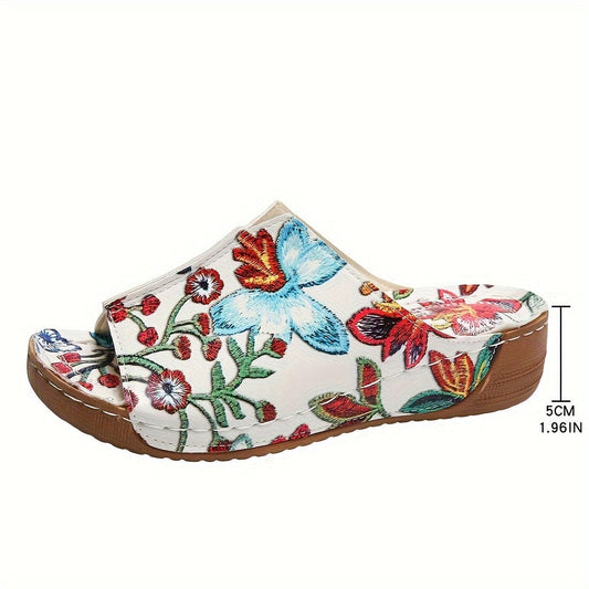 Women's Floral Print Wedge Slide Sandals, Fashion Peep Toe Soft Sole Shoes, Casual Summer Outdoor Slides