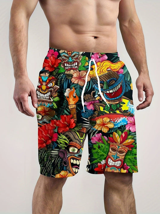 Tribal Style Novelty Cartoon Digital Print Men's Drawstring Shorts For Summer Beach Holiday, Men's Sports Shorts