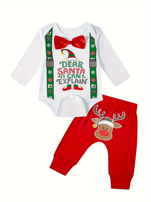 Infant Boy's Christmas Outfit Long Sleeve Romper With Plaid Pants, Cute Festive Holiday Baby Clothes