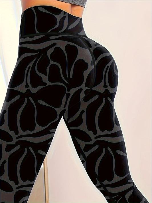 Allover Print Quick Drying Butt Lifting Yoga Pants, High Waist Running Sports Fitness Leggings, Women's Activewear