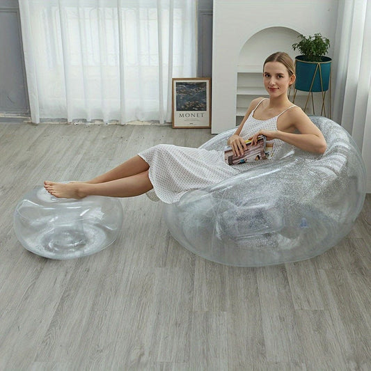 1pc Sequin Inflatable Sofa, Colorful Sequin Lazy Sofa Bean Bag Chair, Portable Living Room Bedroom Office Recliner, Sofa Chair, Footrest Stool