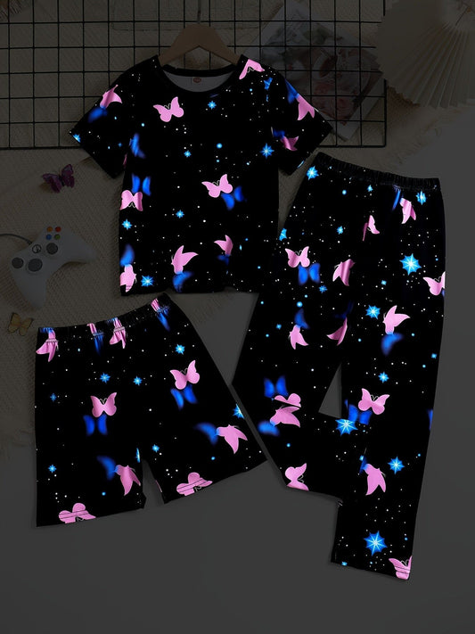 3pcs Kid & Teen Girls Summer Cozy Pajama Set – Luminous Cartoon Butterfly Pattern Print Short Sleeve T-shirt Top & Short Set, Comfy Breathable PJ Set, Children's Easy-care Sleepwear Outfit