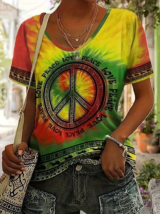 Tie Dye & Graphic Print V Neck T-shirt, Casual Short Sleeve Top For Spring & Summer, Women's Clothing