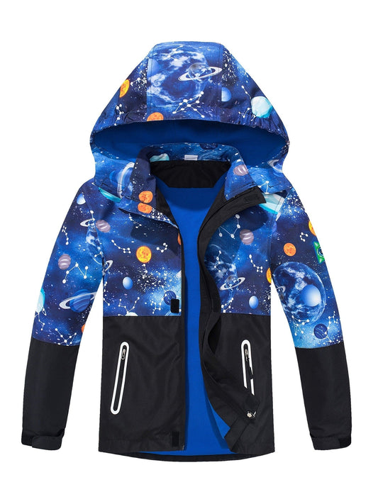 Boys Starsky Splicing Rain Jacket For Kids Waterproof Coat With Removable Hood Lightweight Hooded Fleece Lined Raincoats Windbreakers