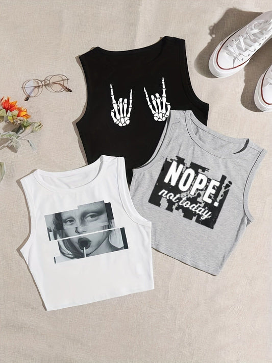 3 Pieces Graphic Print Crop Tank Tops, Y2K Sleeveless Crew Neck Tank Tops For Summer, Women's Clothing