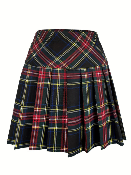 Vintage Chic Tartan Pleated Mini Skirt - High Waist, Non-Elastic, Woven Durability for Fall/Winter Women's Fashion