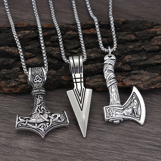 3 Pieces Viking Necklaces for Men - Viking Hammer Norse Compass Celtic Knot Wolf Ax Pendant Nordic Amulet Pendant Necklace Holiday Jewelry Gift