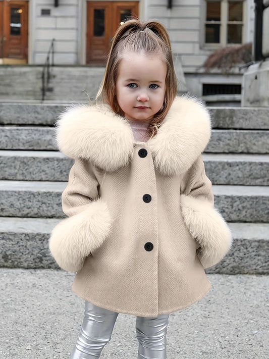 Little Girls Furry Hooded Coat Outerwear With Pockets, Fall/ Winter Thick Solid Coats For Kids Girls