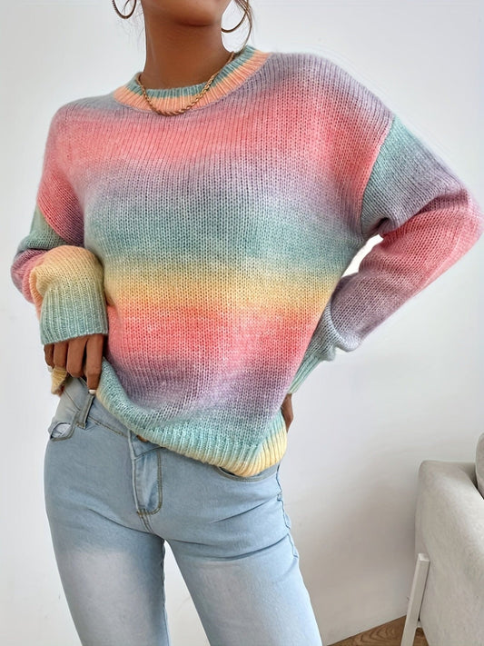 Chic Ombre Crew Neck Knit Sweater for Women – Elegant Long Sleeve, Mid Elastic Polyester with Color Block, Perfect for Fall/Winter